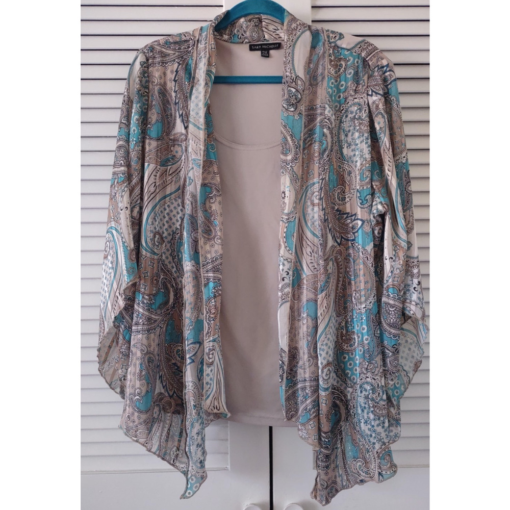 Sara Michelle Plus Size 2X Open Front Top Teal Paisley 3/4 Sleeve Pleated